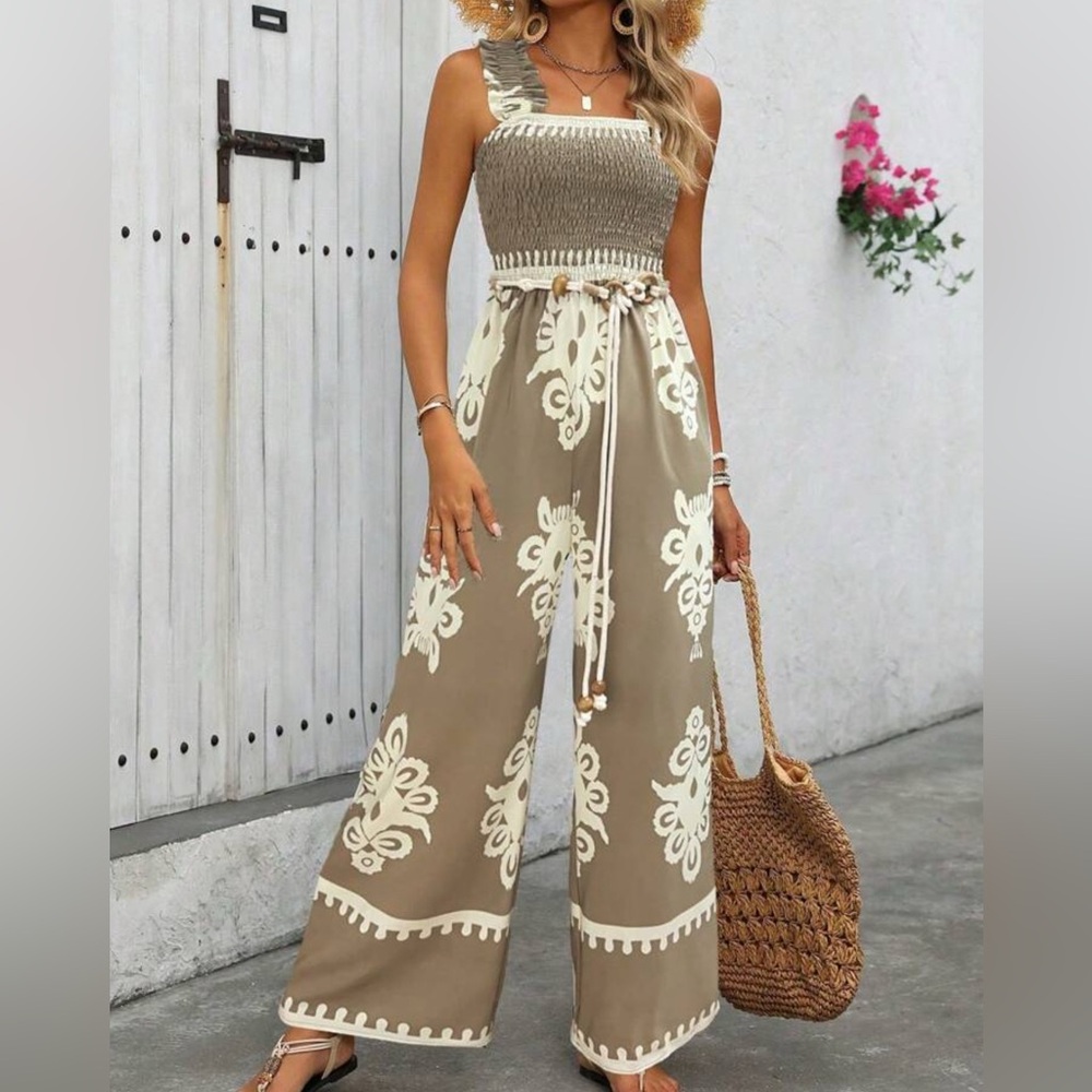 Jumpsuit Smocked Square Neck Wide-Leg tan& cream#beach#coquettegirl#lightweight - Picture 2 of 9